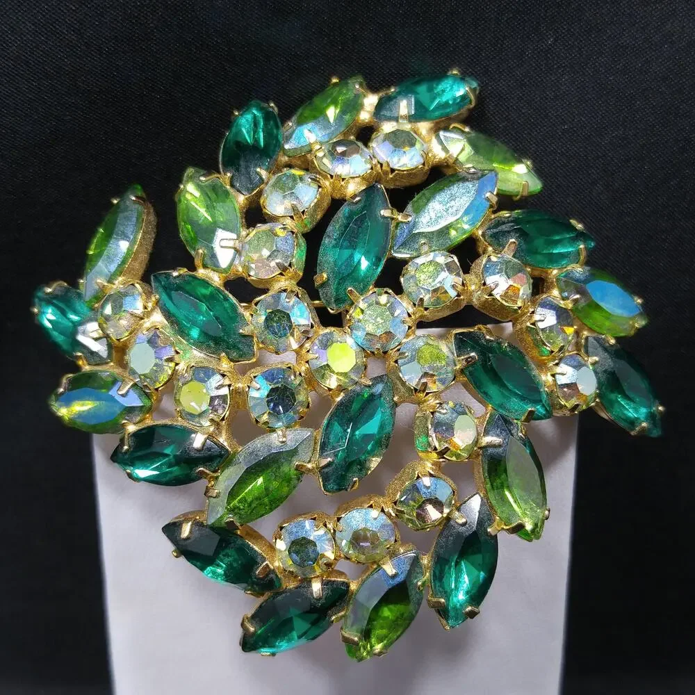 Green Aurora Borealis Rhinestone Brooch, Gold Plated, 1960s Vintage Jewelry